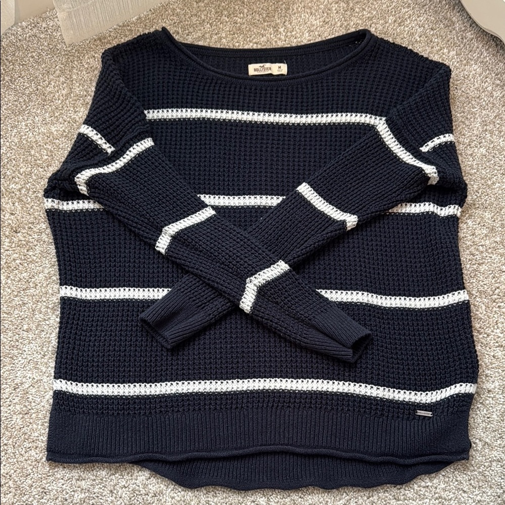 Hollister Blue and White Crew Neck Striped Sweater